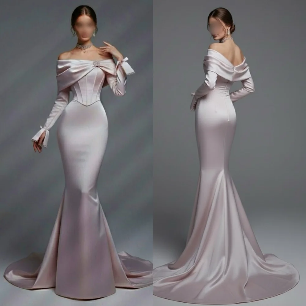 

Customized Charmeuse Pleat Button Off-the-shoulder Mermaid Floor-length Bespoke Occasion Evening Woman Elegant Party Wedding