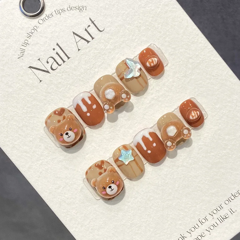 

Handmade Cute Press on Nails Short Korean Kawaii Reusable Adhesive False Nails Brown 3d Bear Design Acrylic Artificial Manicure