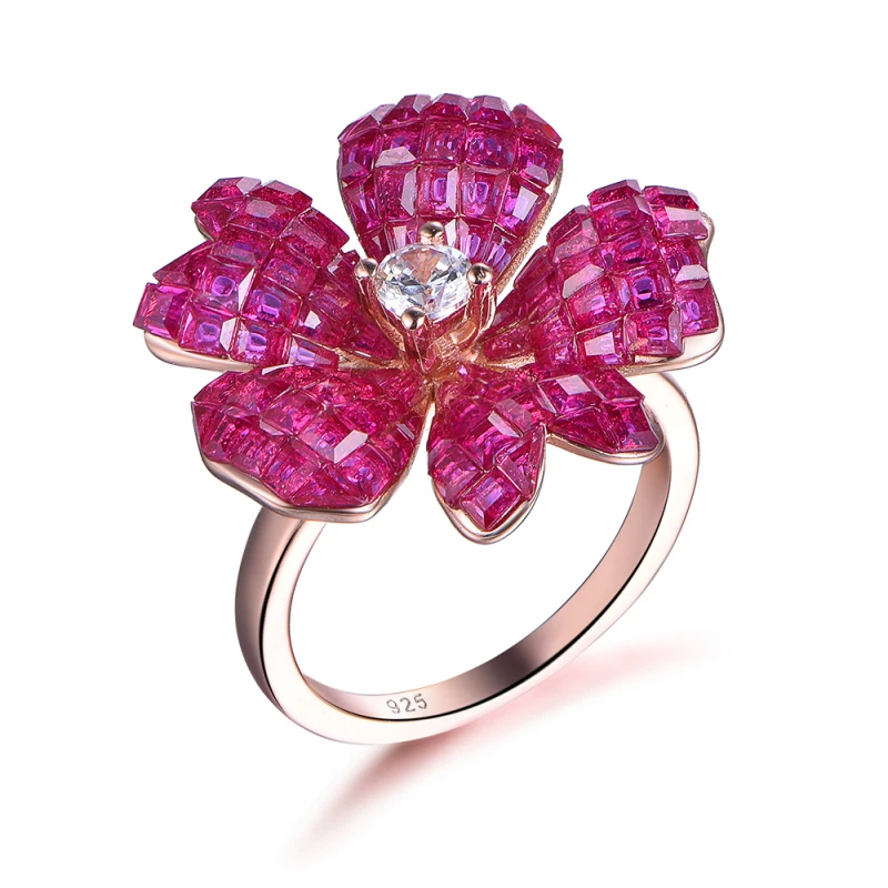 

Unique Design Sterling Silver Ring Inlaid Invisible Ruby Diamond Crystal Flower Charm