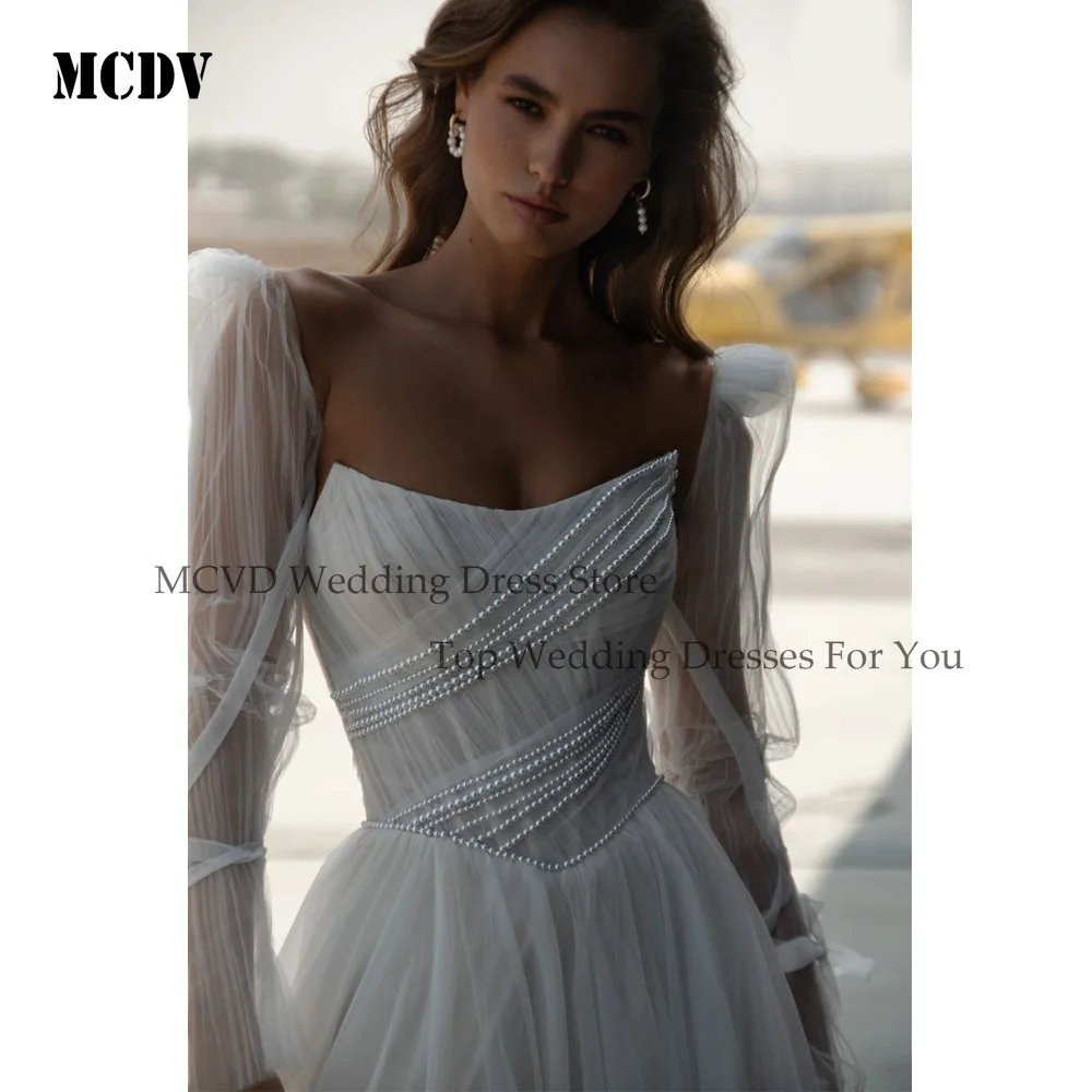 MCDV Customized Gorgeous Beaded Tulle Wedding Dress Long Sleeve Side Split vestidos de novia Strapless Bride Gowns Customized