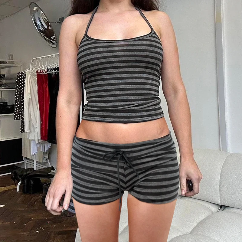 HEYounGIRL Striped Casual Homewear Backless Halter Camisole and Tiny Shorts Y2K Set Summer Contrast Color Basic Two Piece Sets