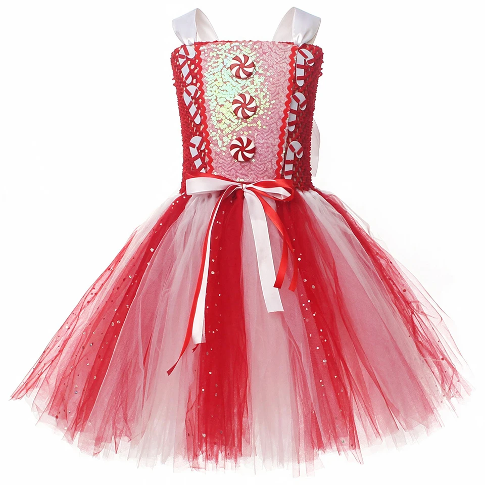 Little Girls Christmas Candy Cane Elf Sparkly Sequined Red White Layered Tutu Dress Xmas Party Performance Children's Costume
