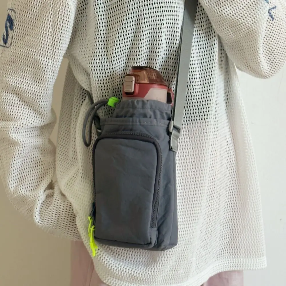 

Korean Style Drawstring Bag Water Bottle Holde Water Cup Cover Nylon Shoulder Bag Purse Solid Color Mobile Phone Bag Hiking