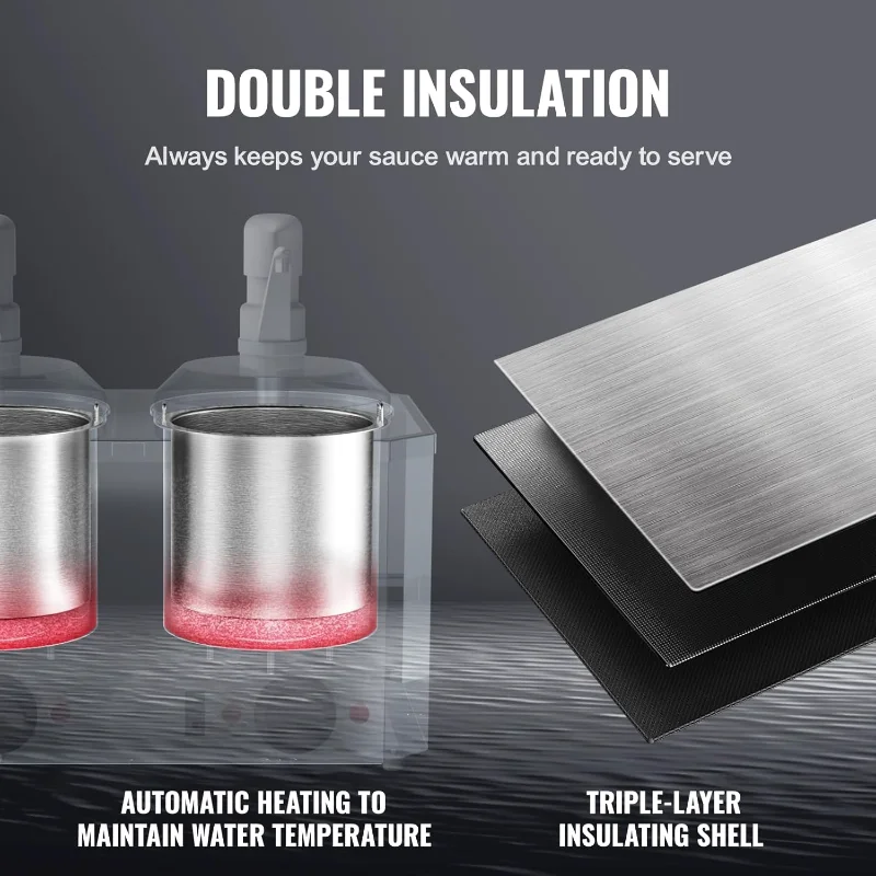 Distribuidor elétrico de queijo VEVOR com bombas, aquecedor comercial de alimentos quentes de 2,3x2 Qt, dispensador de bombas duplas de plástico, 86-230 ℉   Temperatura