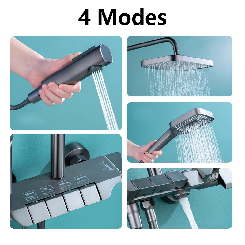 Grey Shower System Set Bathroom Digital LED Rain Showers Faucet Brass Bath Thermostat Rainfall Shower 4 Way with Bidet Taps Sets