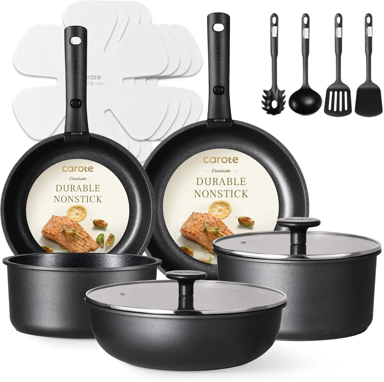 

17-Piece Non-Stick Cookware Set with Detachable Handles, Oven Safe, Induction Compatible, Black