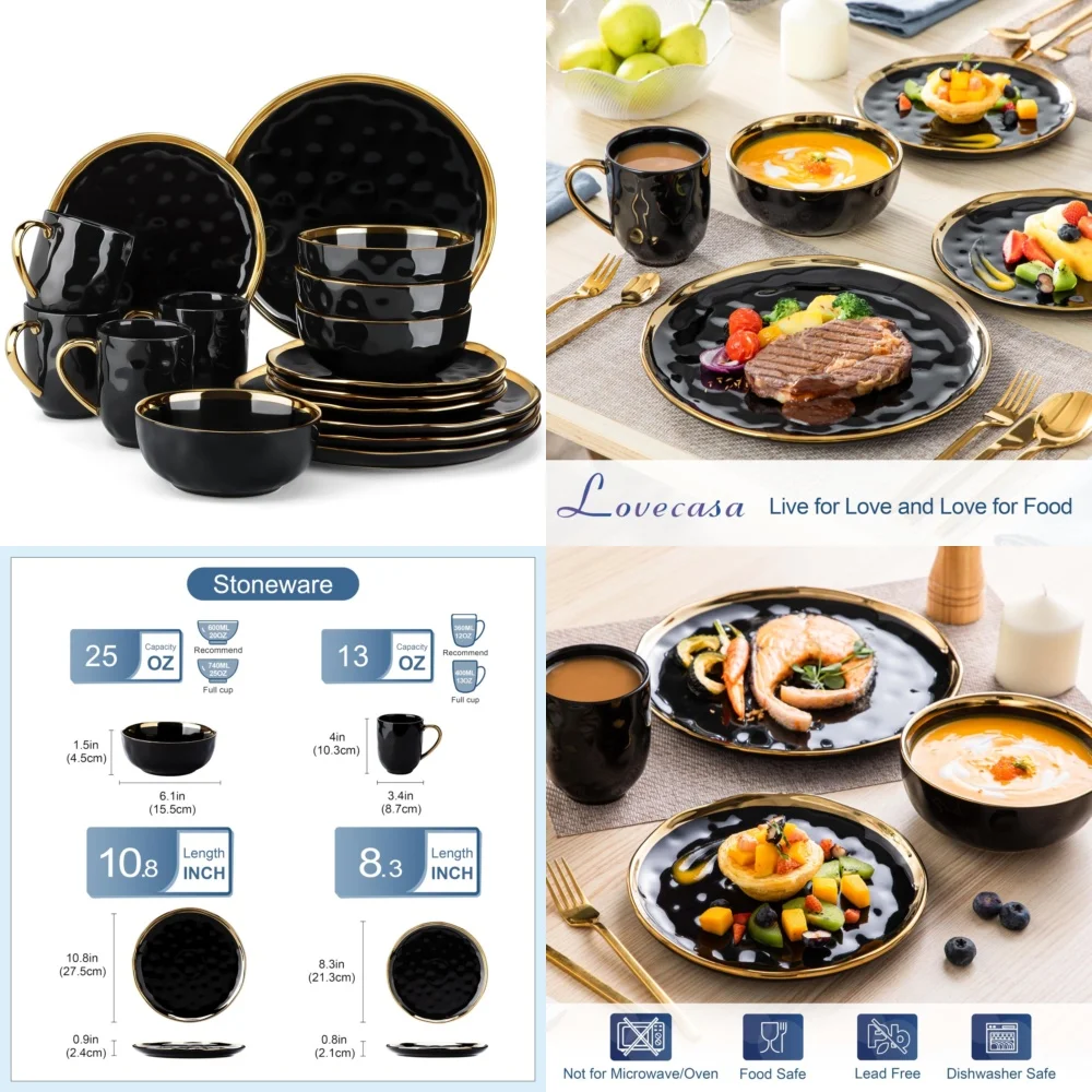 طقم أدوات مائدة سيراميك مكون من 16 قطعة طقم أواني طعام من البورسلين باللونين الأسود والذهبي أطباق وأطباق أنيقة لأسلوب أدوات المائدة الحديثة #1