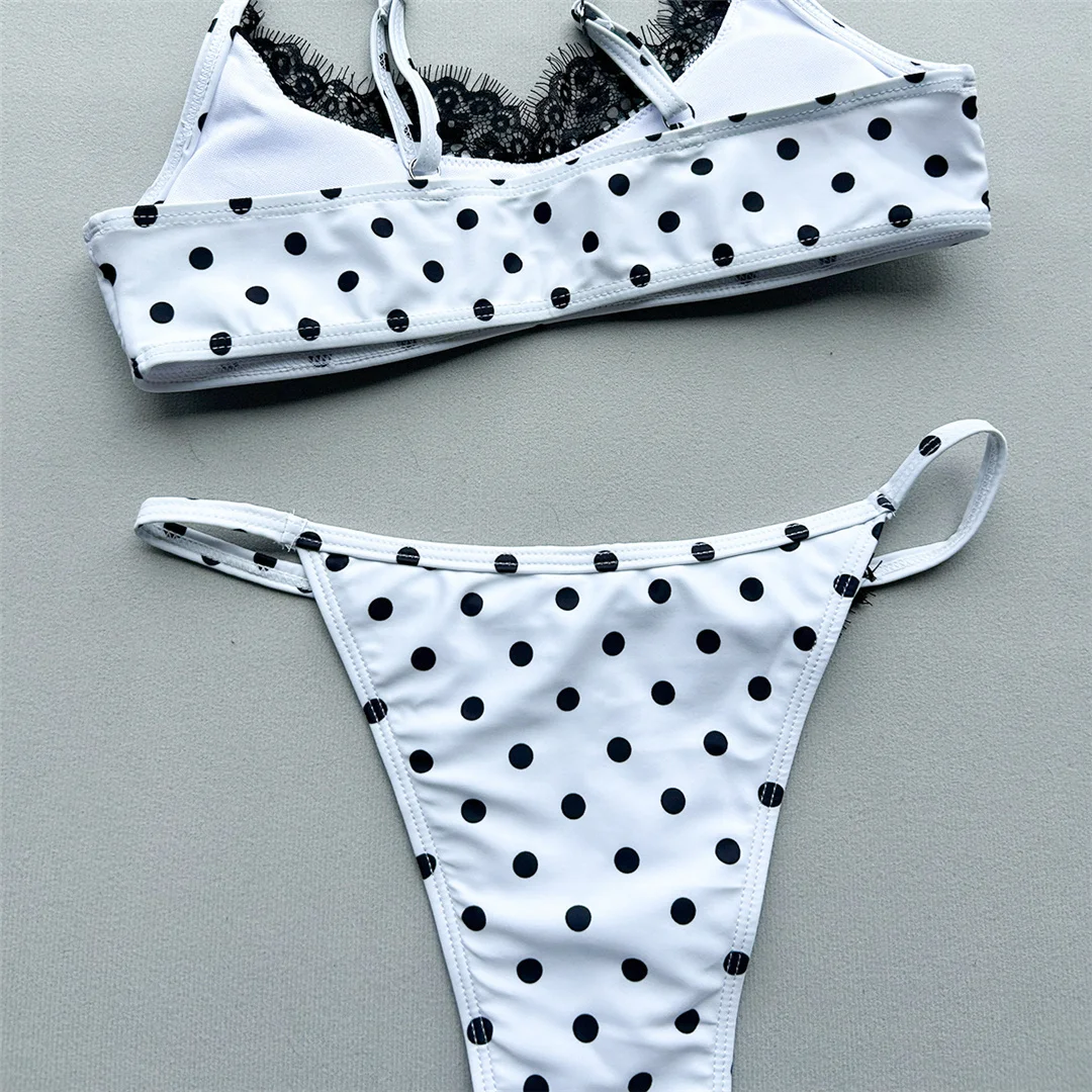 Polka Dot Splicing Spitzen-Bikini Damen-Badeanzug Zweiteiliger Bikini-Set mit hohem Beinausschnitt Badeanzug V8452 – Detail 8