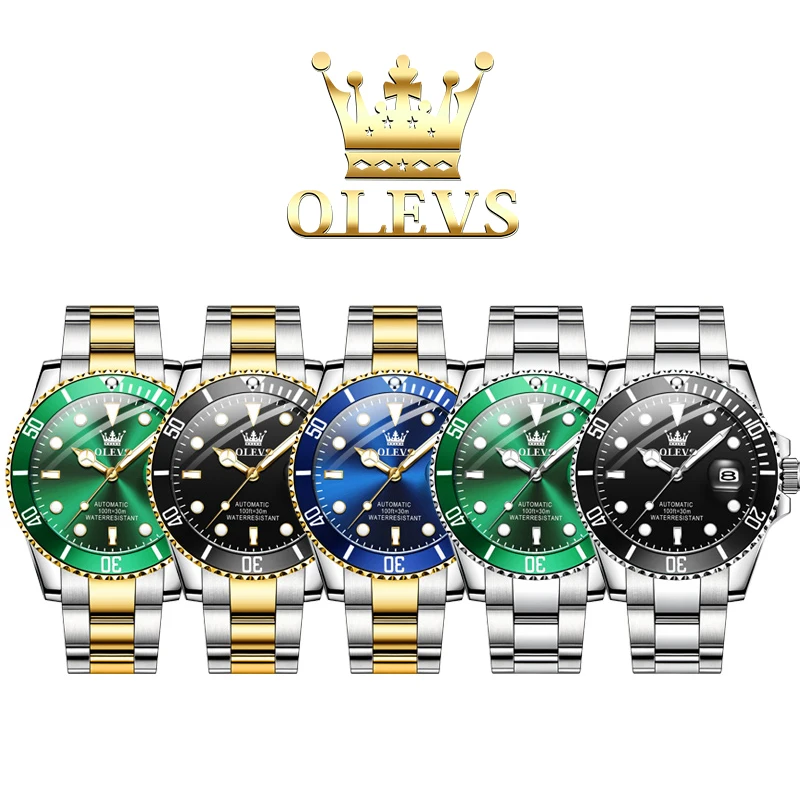 OLEVS-reloj mecánico automático para hombre, cronógrafo de lujo, Original, resistente al agua, de acero inoxidable, con fecha luminosa, a la moda