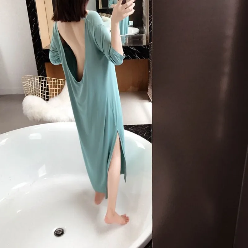 Spring and Autumn Fat Sister 300 Kg Sex Appeal Nightdress Large Size Loose Comfort Ms. Long Pattern Solid Color Loungewear Soft