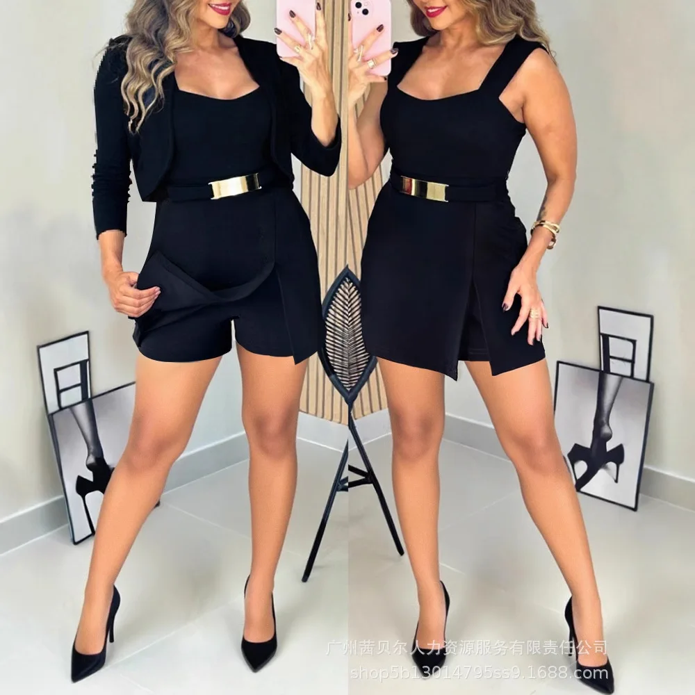 Completo da 2 pezzi con decorazione in metallo, collo quadrato, senza maniche, vita stretta, tuta a gamba larga e set di cardigan corto casual