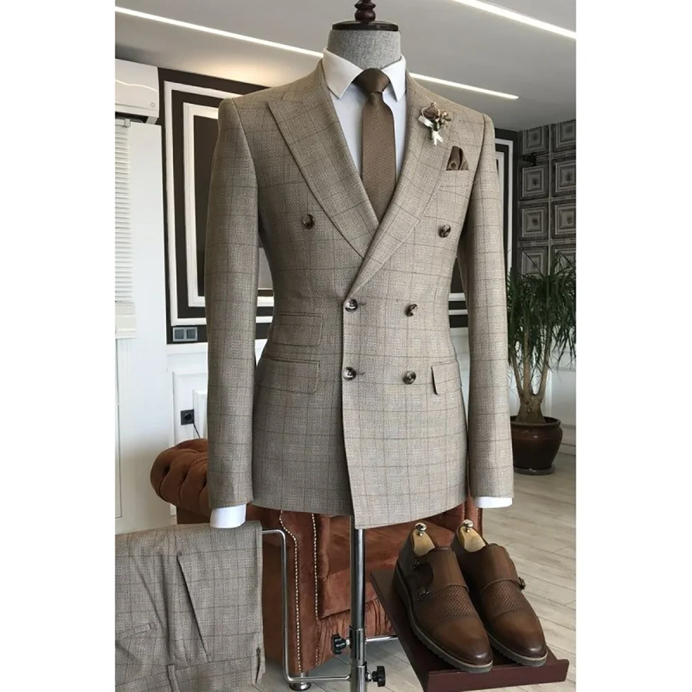 

Khaki Grid Double Breasted Peaked Lapel Men Suits Wedding Evening Party Sets Formal Occasions Suits 2 pieces (Jacket+Pants)