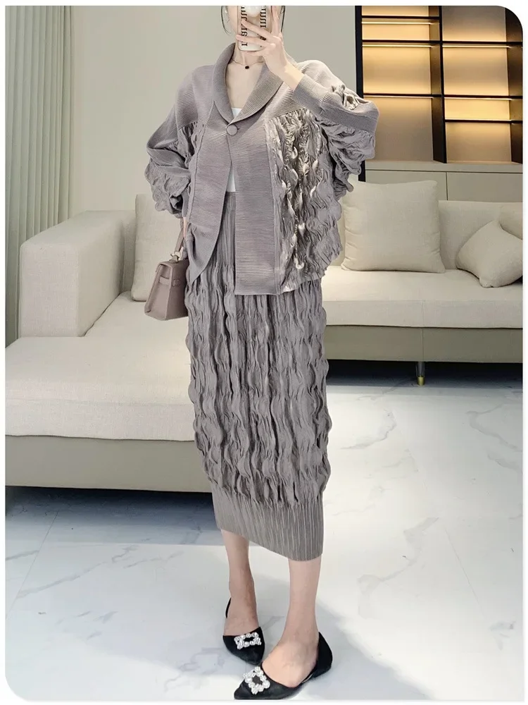 Pleats Pleated Jacket Senior Sense Pleated Lapel Short Jacket Women 2024 Fall New with Design Bubble Loose Thin Cardigan