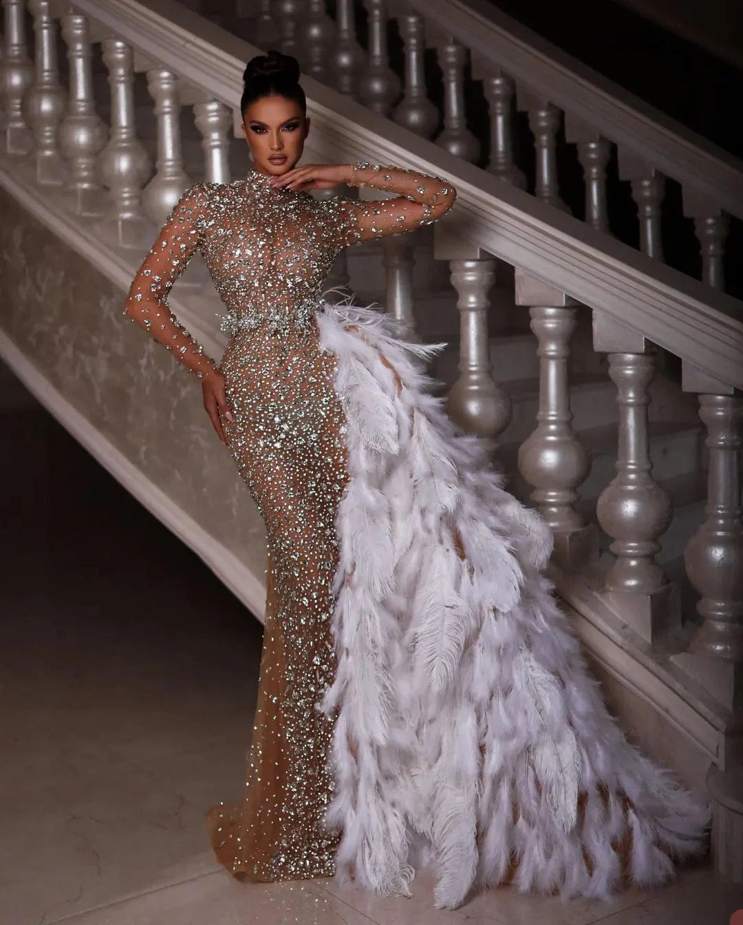 Sexy Mermaid Evening Dresses Long Sleeves High Neck Sequins Beads Crystals Appliques Hollow Feather Prom Dresses Custom Made