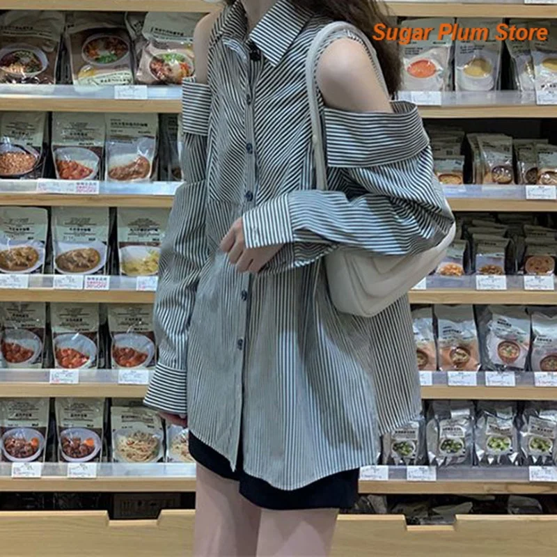 Korean Minimalist Design Off-the-shoulder Striped POLO Neck Sunscreen Women's New Fashion Spice Girl Shirts in Spring and Autumn