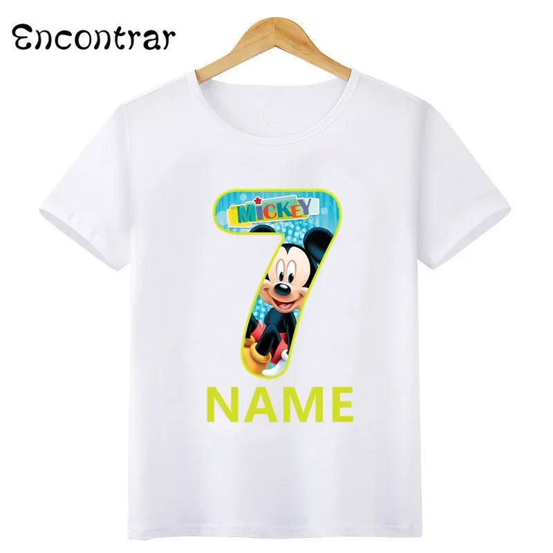 Disney-Mickey Mouse Number Bow Graphic T-shirt, roupas infantis, 1, 2, 3, 4, 5, 6, 7, 8, 9 Years Birthday Party Tops