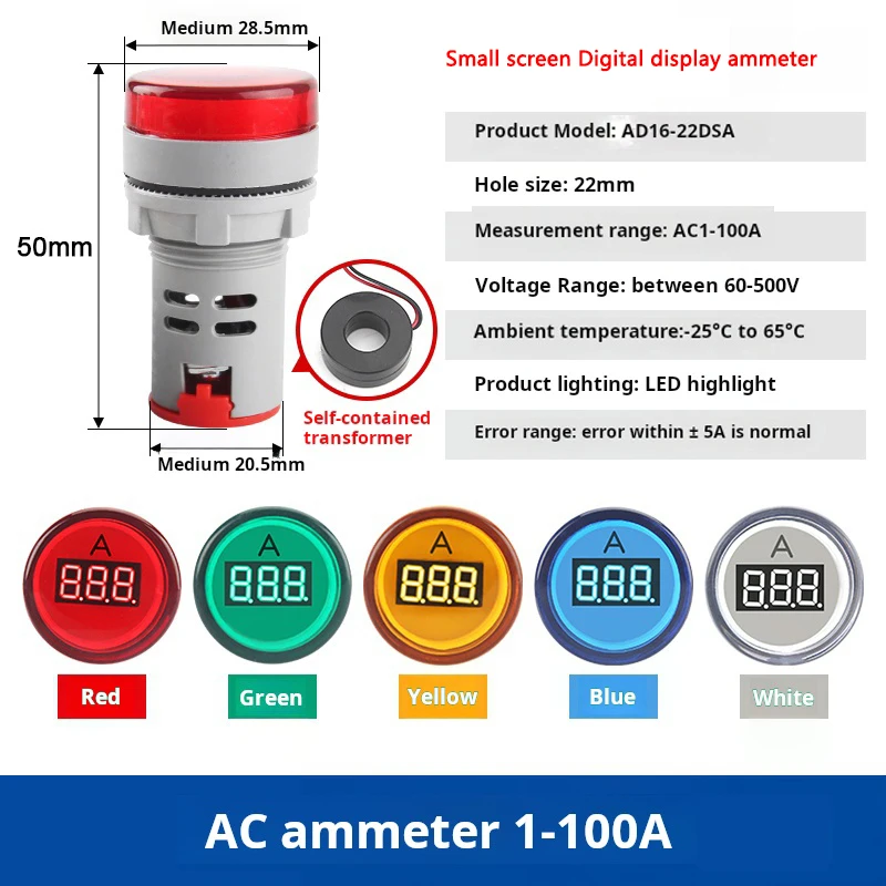 22MM AD16-22DSA 0-100A Ammeter Mini Current Meter LED Digital AC220V Display Indicator Signal Light Lamp Amp Tester Detector