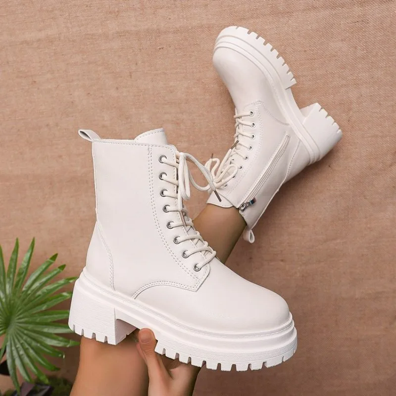 2024 winter New Women White Ankle Boot PU Leather Thick Sole Lace Up Combat Booties Female Autumn Winter Platform Shoes