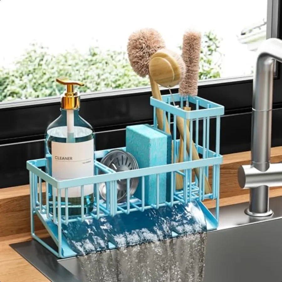 

Blue Kitchen Sink Caddy Organzier with High Brush Holder Sponge Holder for Sink 304 Rustproof Stainl Kitchen Countertop Soap Di