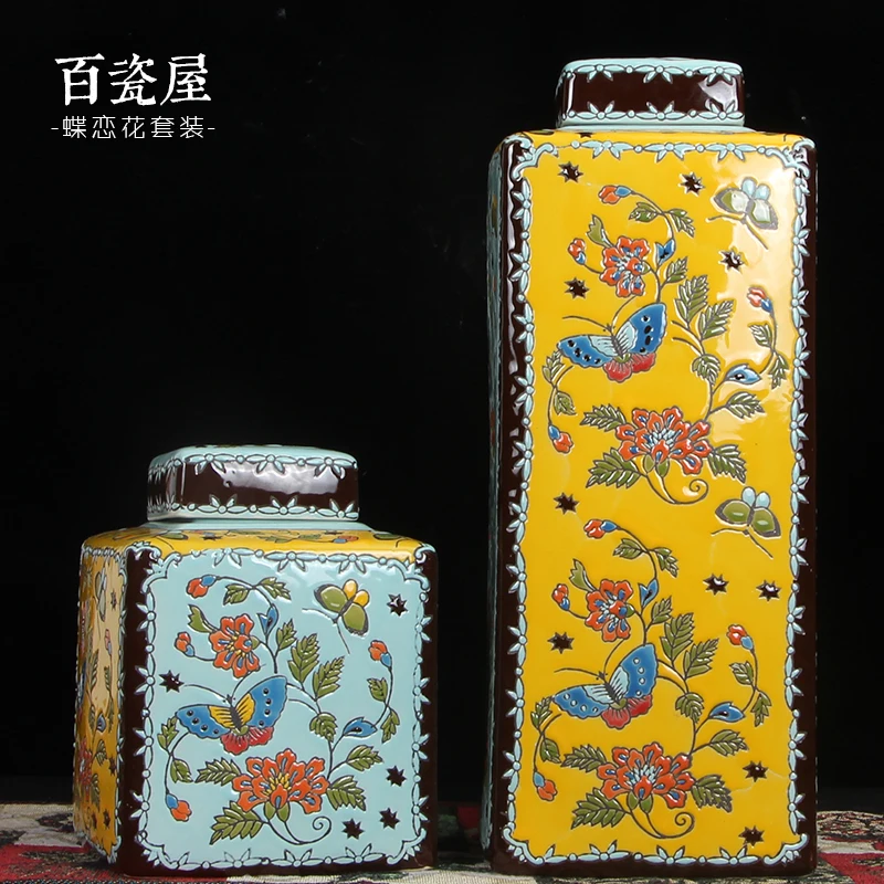 

European-Style American Hallway Vase Decoration Antique Ornament Ceramic Yellow Classical Living Room Curio Shelves Wine Cabinet