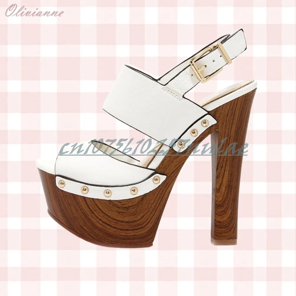 

White Slingback Matte Leather Sandals Peep Toe Round Rivets Chunky High Heel Platform Sexy 2025 Summer Women Shoes Para Mujere