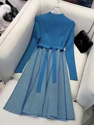 SMTHMA New Fashion Autumn Winter Ladies Knitted Pleated Dress Full Sleeve Lace-Up Slim Female Patchwork Sweater Dress