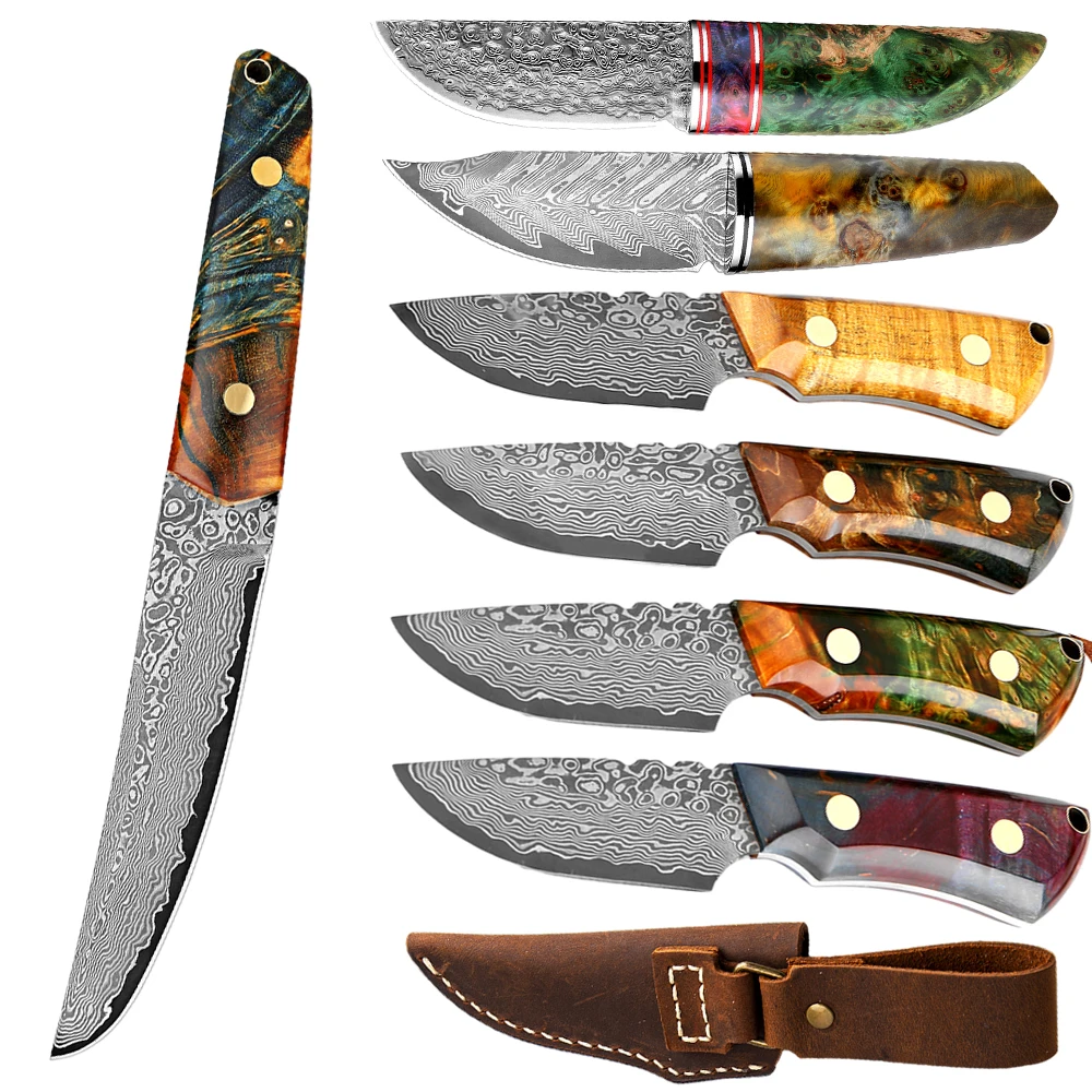 Full Tang Damascus Steel Utility Knife Kitchen Fruit Paring Slicing Pocket Knife Stabilized Wood Colorful Handle Super Sharp