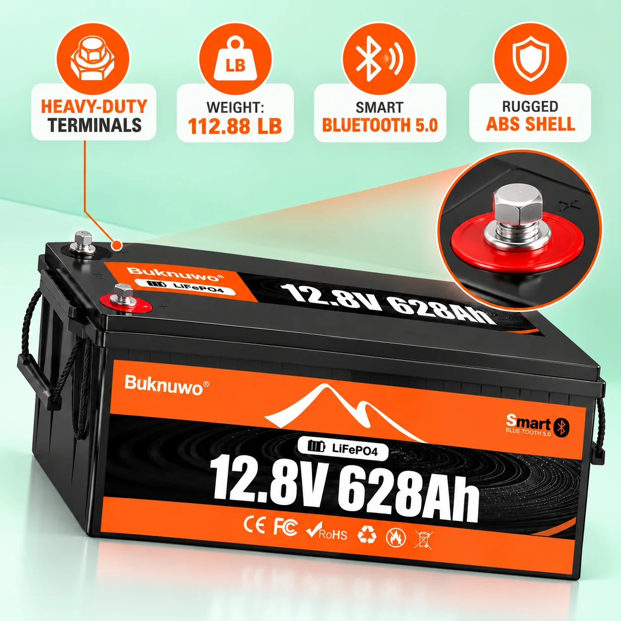 BUKNUWO 12V 628Ah Smart Lithium Battery (8038Wh), supports wireless tracking via a mobile app, uses LiFePO4 cells, and is suitable for fish finders, trolling motors, boats, golf carts, kayaks, and yachts
