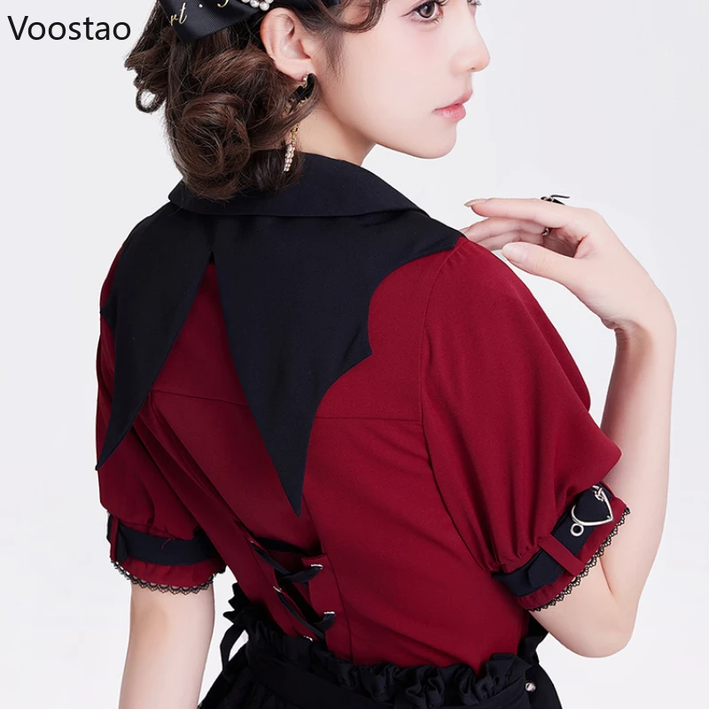 Harajuku Gothic Lolita Shirt Japanese Y2k Aesthetic Bow Lace Hollow Out Bat Collar Long Sleeve Blouse Women Elegant Clothes Tops