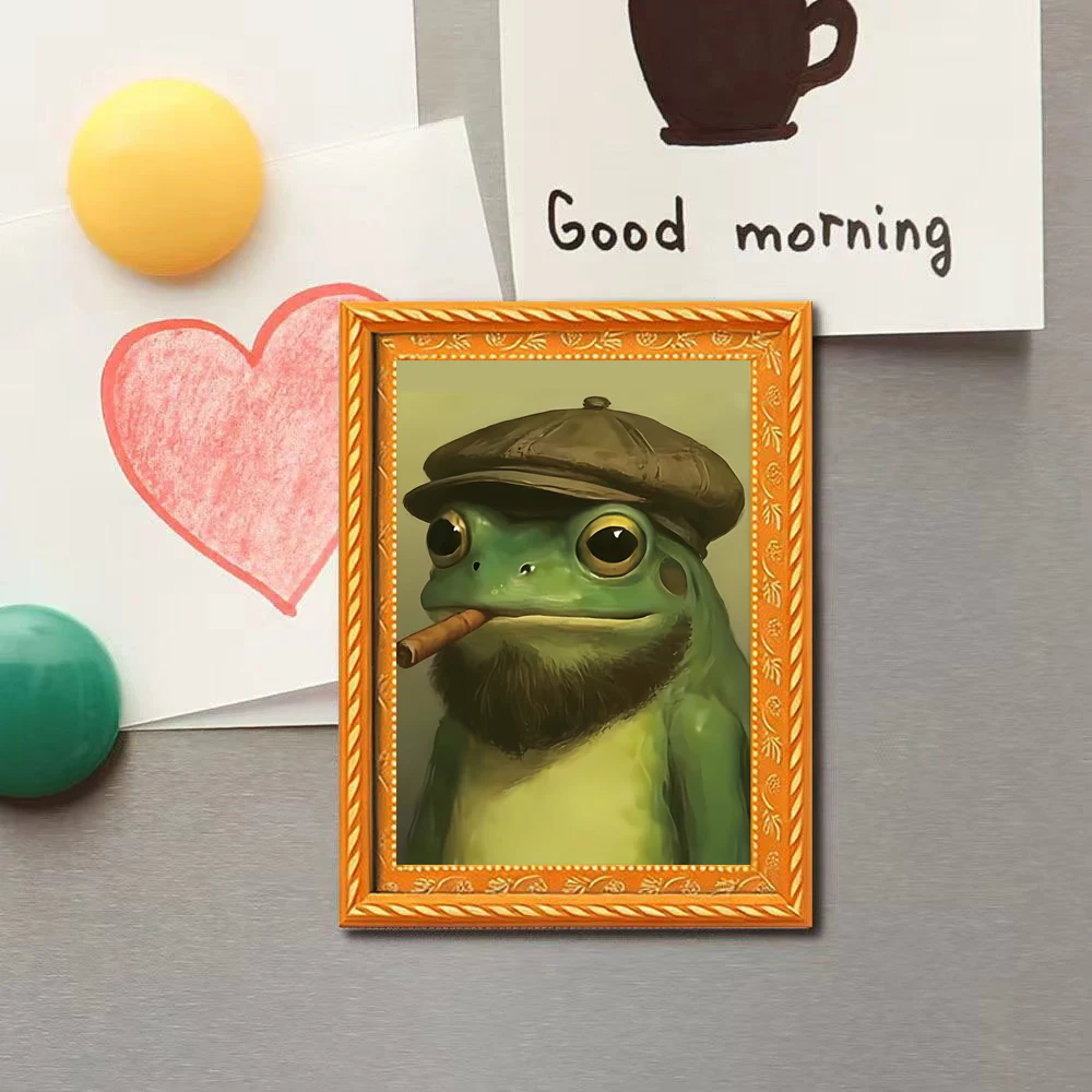 1 Piece of Vintage Oil Painting Style Razor Frog Fridge Magnet, Newsboy Hat Beard Cigar Magnetic Decoration Sticker, Personalized Kitchen Message Magnet, Anthropomorphic Gentleman Style Magnetic Sticker, Fun Home Decoration Item
