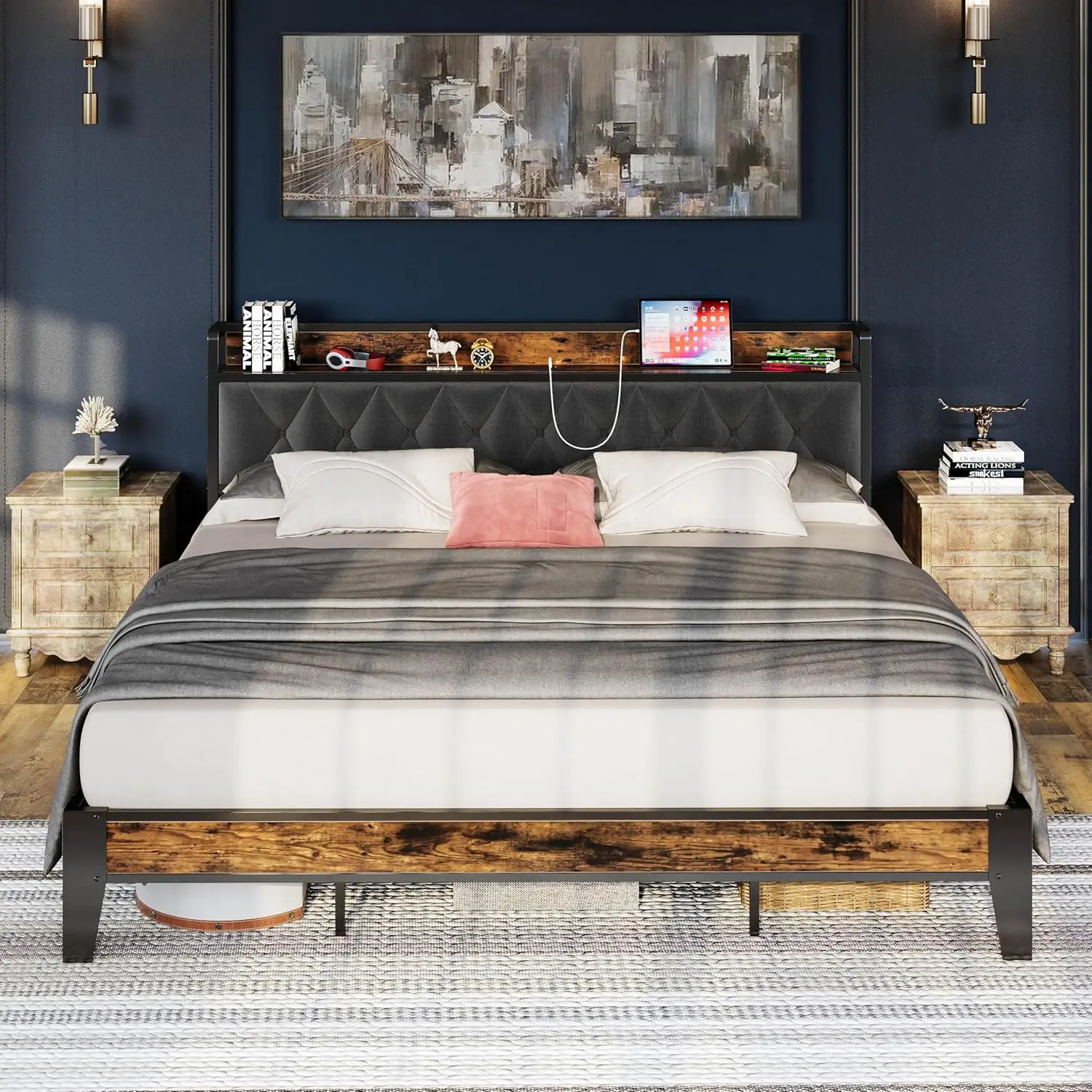 Rama łóżka California King, zagłówek do przechowywania z gniazdami, łatwy w montażu, solidny i stabilny, bez hałasu, nie wymaga sprężyn skrzynkowych