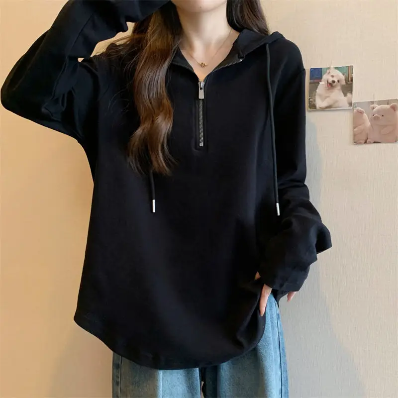Basic Long Sleeve Zipper T-shirt Female Clothing Solid Color 2024 Spring Autumn Casual Loose Hooded Stylish Drawstring Pullovers