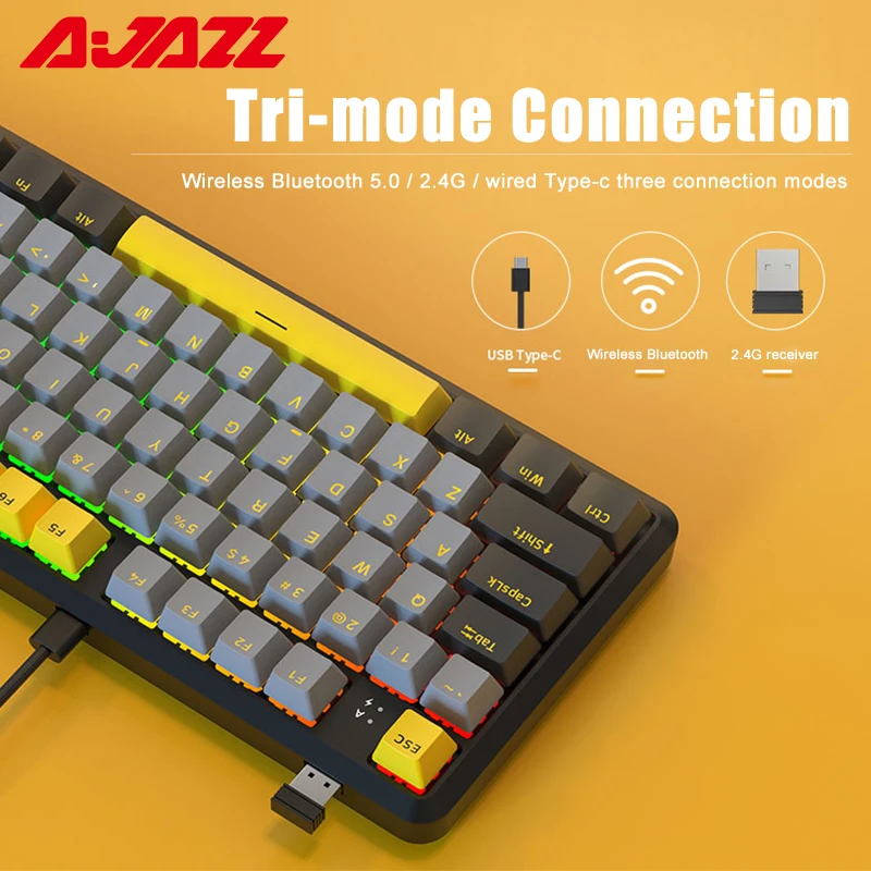 AJAZZ New K870T PRO 87 Keys 3 Mode Bluetooth Gaming Mechanical Keyboard RGB Backlit Wireless Keyboards Hot Swappable Ergonomic