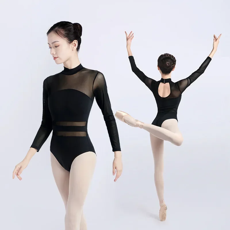 Women Ballet Leotard Mesh High Neck Turtleneck Gymnastics Leotard Girls Stretch Black White Ballet Bodysuit Adult Dance Costumes