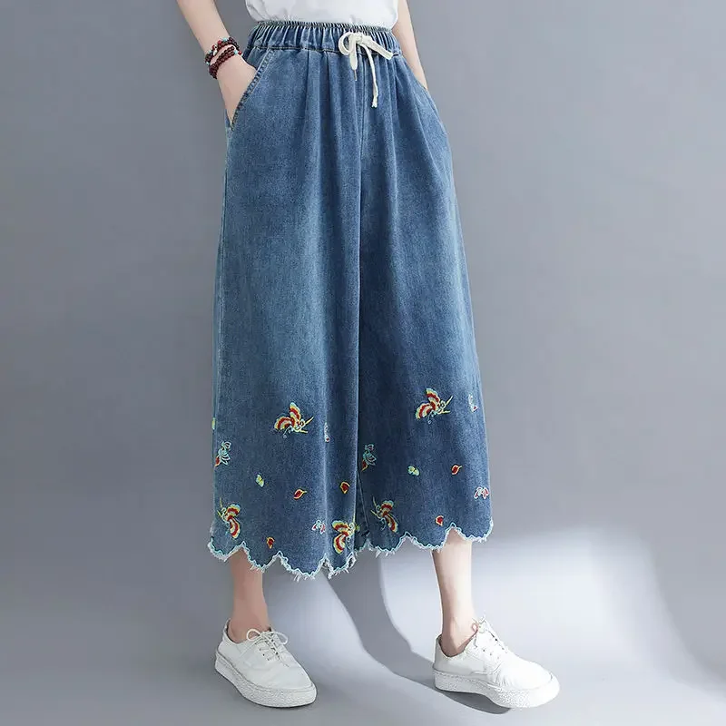 Women Wide-legged Pants Denim Short Pants  Embroidery Casual Trouser Woman Clothing High Waisted Loose Fit Casual Solid Design