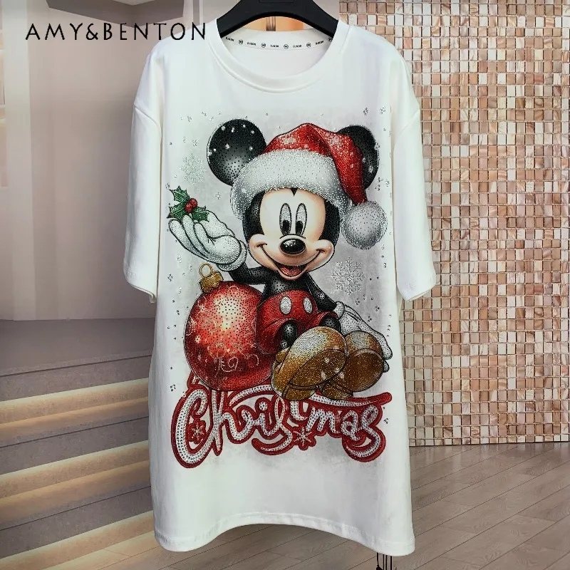 أزياء لطيف المتضخم فضفاضة قصيرة الأكمام البلوز تي شيرت البلوفرات 2025 الخريف جديد الصناعة الثقيلة غسل الترتر الكرتون التي شيرت