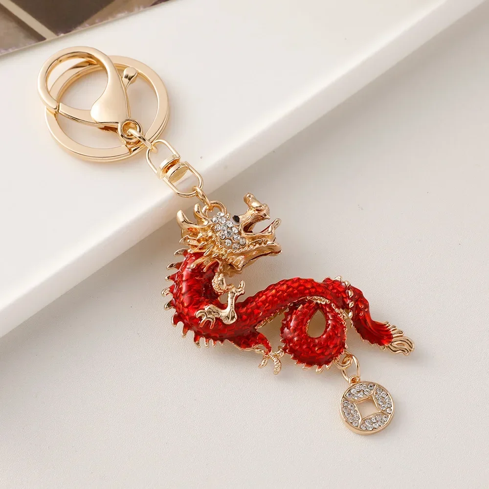 Crystal Chinese Dragon Year Key Chain Unique Design Rhinestone Keyrings Jewelry Women Bag Pendant Charms Accessories Wholesale