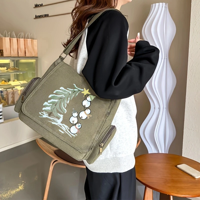クリスマス レディース ショルダーバッグ キャンバス メッセンジャーバッグ 大容量 雪だるまプリント レディース クロスボディバッグ