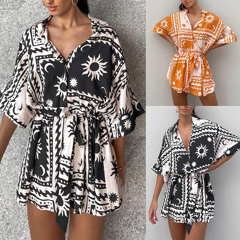 Women's Jumpsuit Casual Geometric Print Jumpsuit Waist Loose Jumpsuit Lapel Shirt Style Jumpsuit Summer Beach