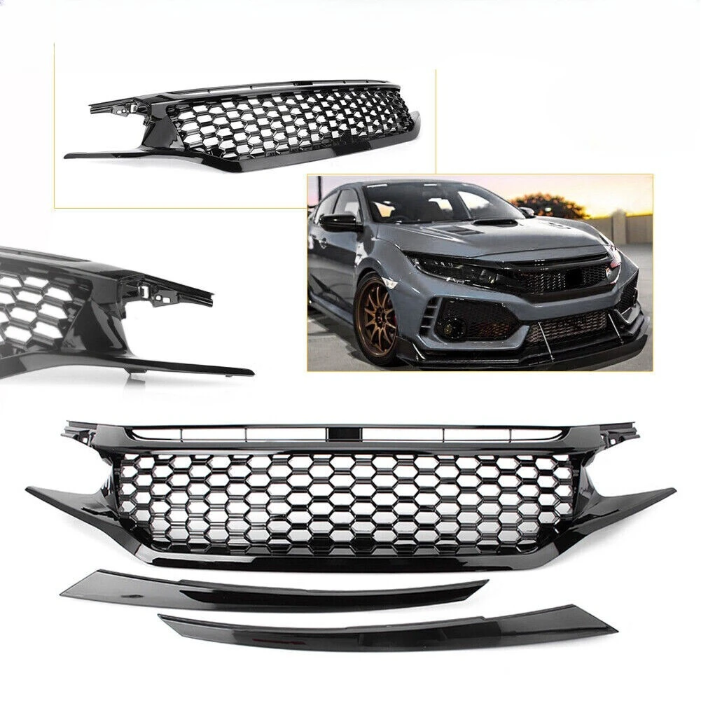 

Upper Front Honeycomb Mesh Bumper Grille Black For Honda Civic 2016 2017 2018 Mesh Grill Guards Hood ABS Plastic Accessories