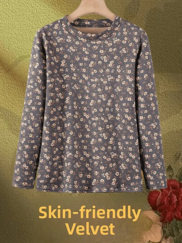 تي شيرت دافئ مبطن بالصوف برقبة دائرية للنساء، ملابس داخلية، طبقة أساسية، ملابس علوية للأم والجدة، ملابس خريف وربيع، بوليستر سميك