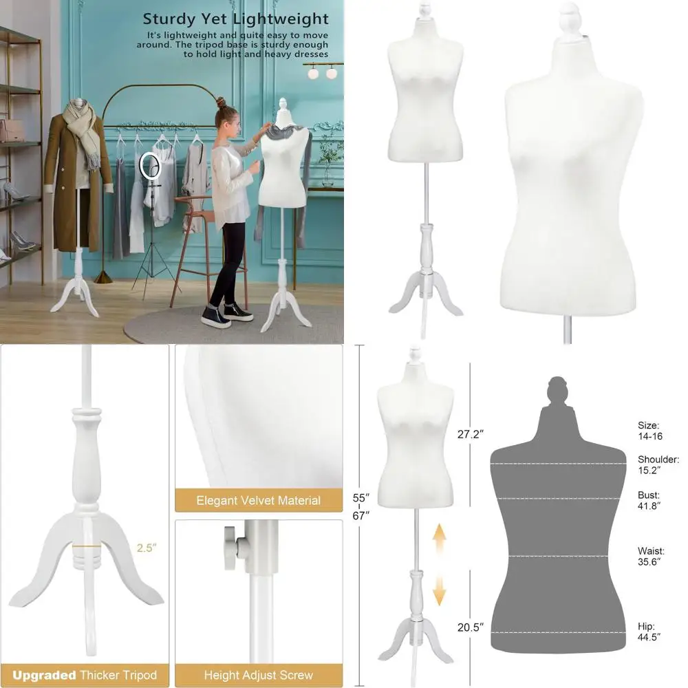 

Adjustable Height Female Mannequin, Sizes 10-16, with Upgraded Tripod Stand for Sewing & Display (White)