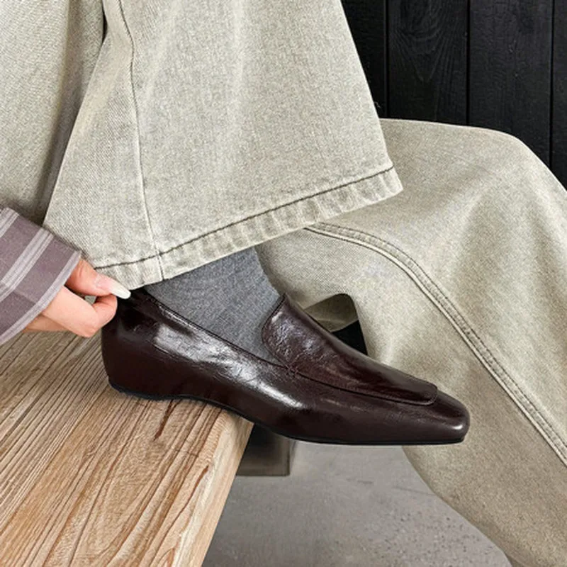 2026 New Cow Leather Square Toe Loafers Deep Cut Hidden Wedge Heel Pigskin Lining Sheepskin Insole TPR Sole Light All-match G497