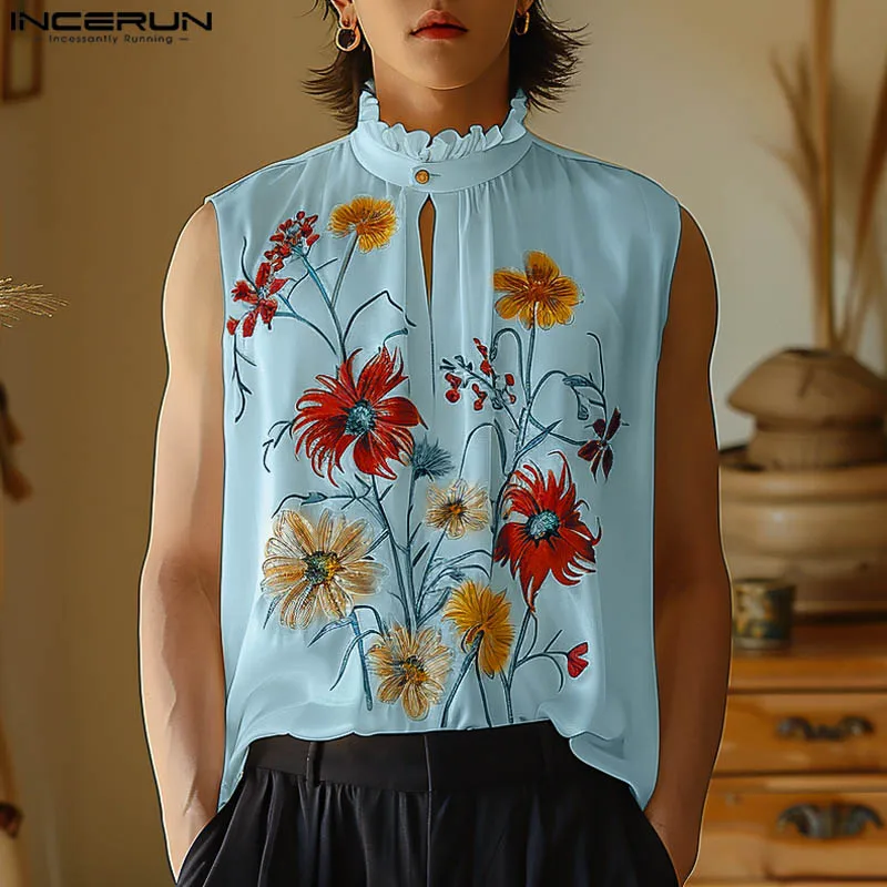 INCERUN Men Tank Tops Flower Printing Turtleneck Sleeveless Summer Male Vests Streetwear 2024 Fashion Casual Men Clothing S-5XL