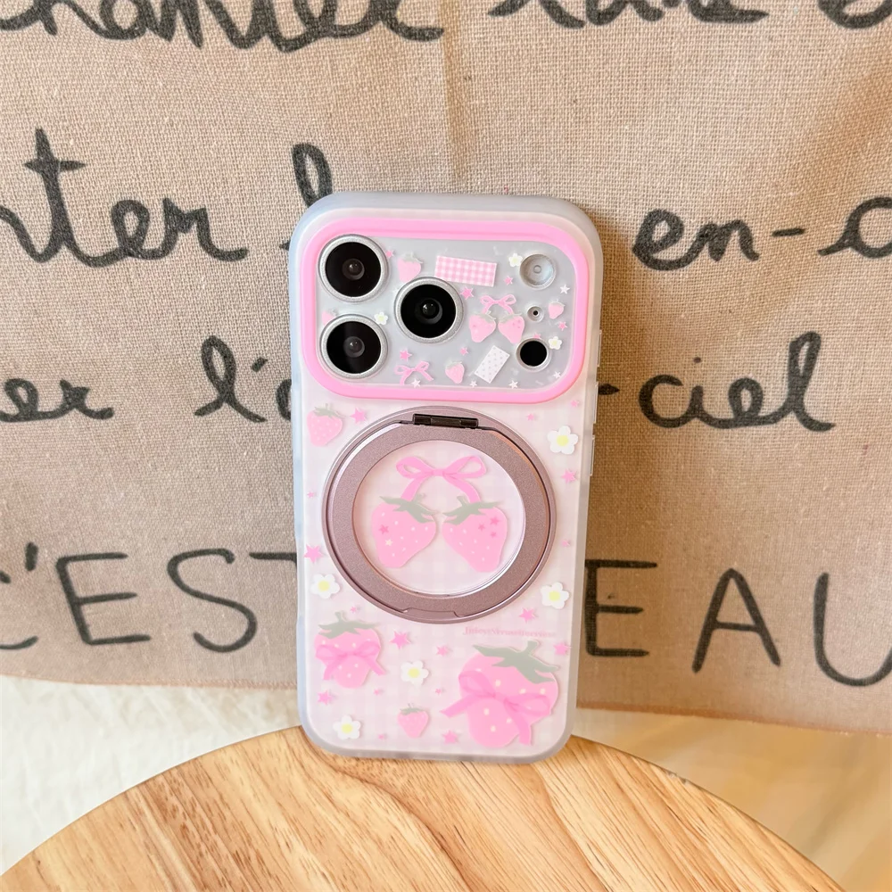 Cute Pink Strawberry Bow Magnetic Case For iPhone 15 16 17 ProMax Shockproof Matte Hard Protective for Magsafe Phone Cover Girls