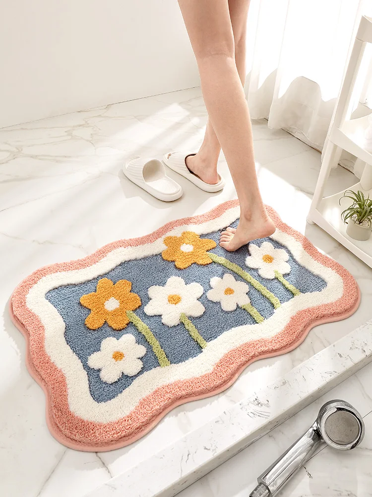 

Simple Home Batoom Mat Plu Absorbent Water Small Flower Pattern Non-Slip Toilet Entrance Rug Rectangular Fiber Material