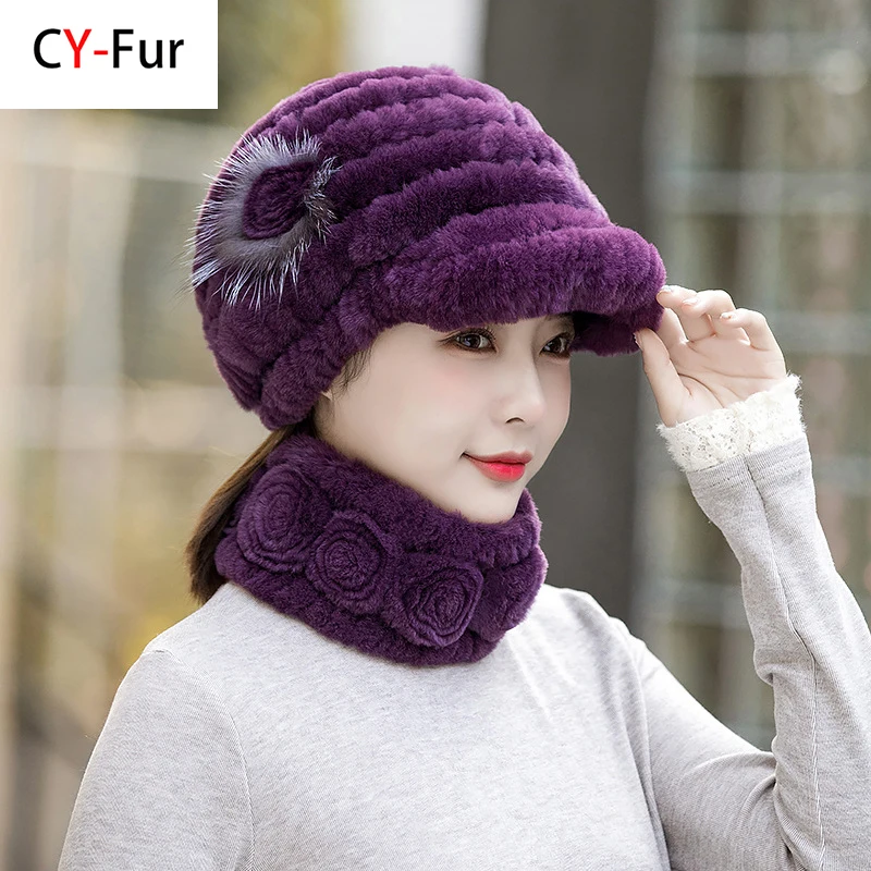 New Women Winter Knit Real Rex Rabbit Fur Hat Scarf Sets Natural Warm Fur Cap Scarves 2 Pieces Girl Quality Real Fur Hat Muffler