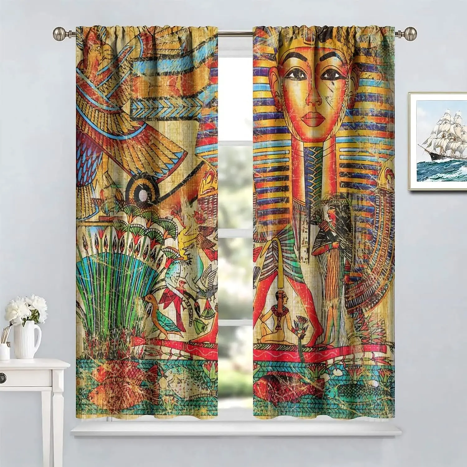 Ancient Egypt Block Theme Curtain 2 Panels Multi Pharaoh Mural Texture Yellow Tone Base Cozy Vintage Living Room Home Curtains
