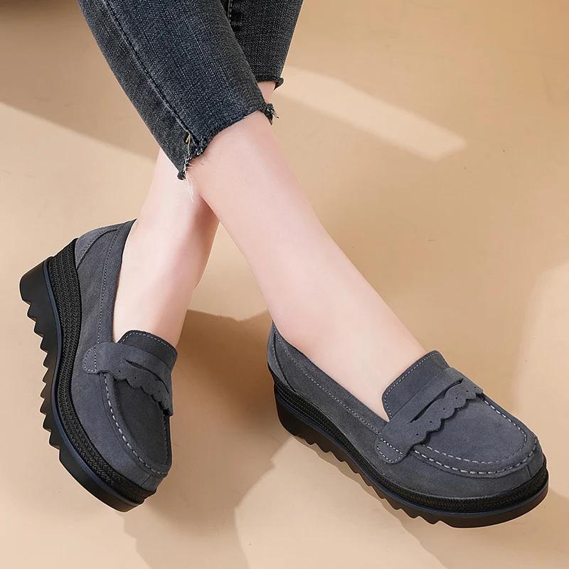 41 large size women\'s shoes suede leather loafers muffin sole thick sole increase casual women\'s single shoe cover foot leather