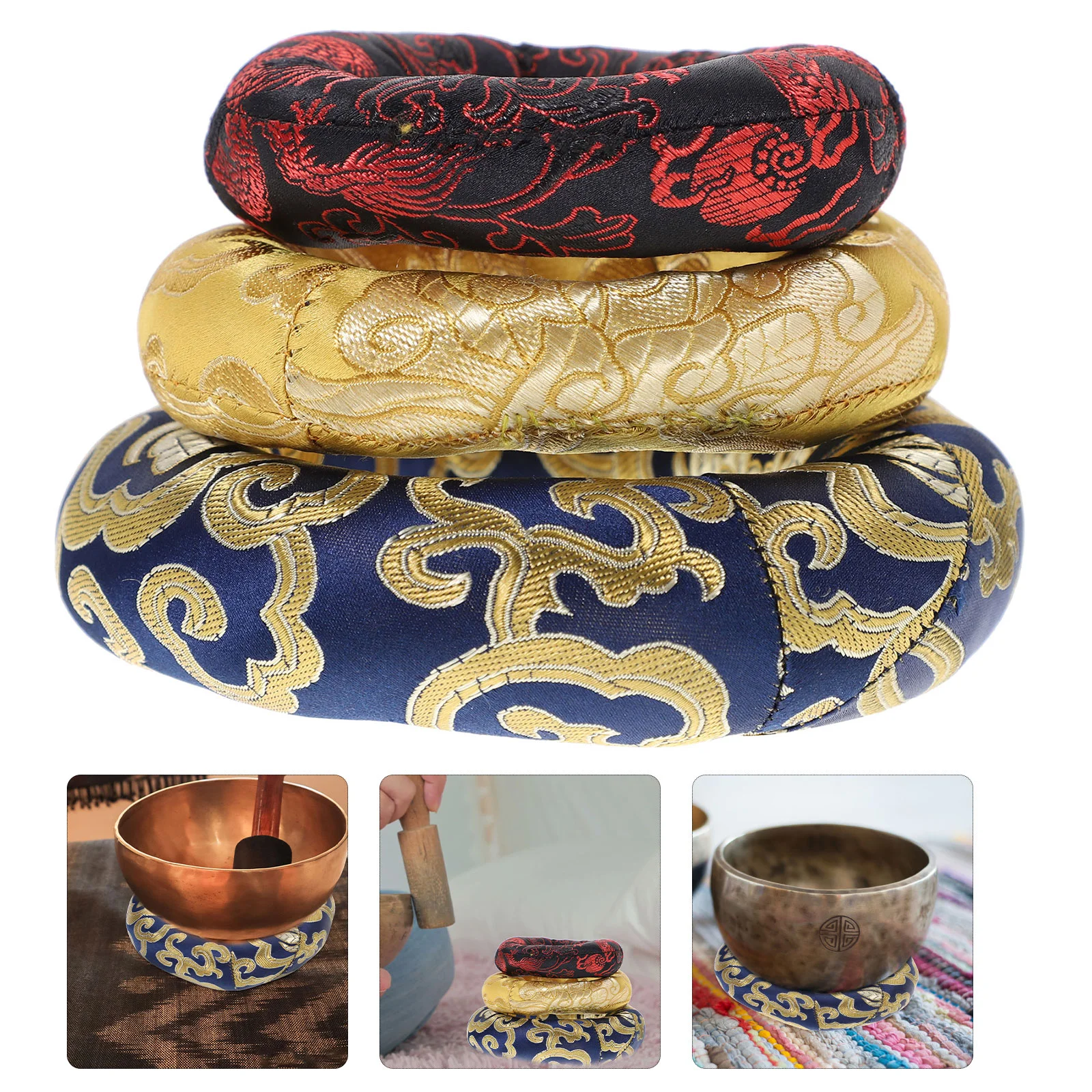 

3 Pcs Tibetan Bowl Holder Buddha Sound Bottom Mat Ring Cushion Pillow for Singing